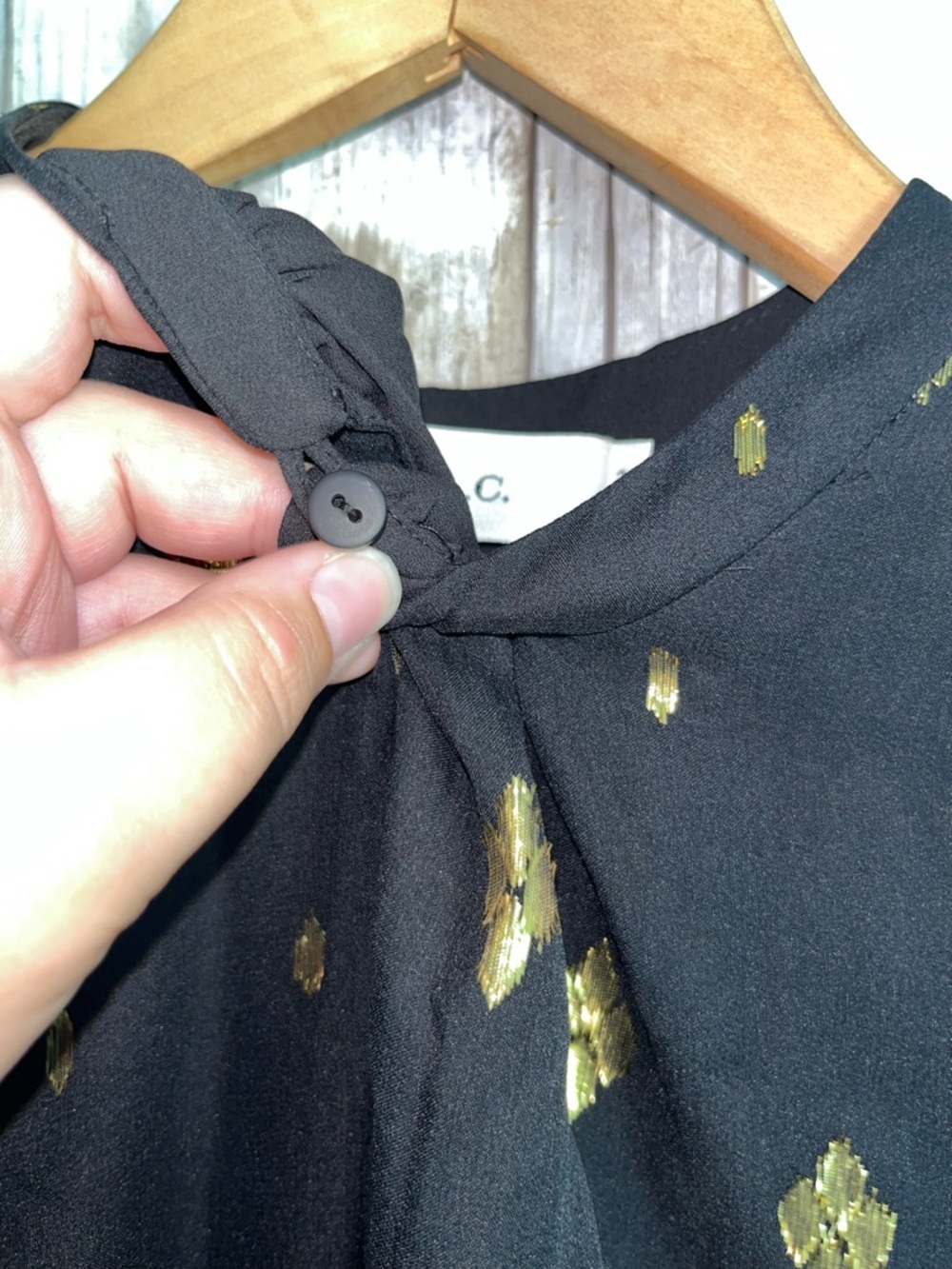 A.L.C. Sydney Silk Shirtdress Black Gold Metallic Print Ruffle Keyhole Dress XS - Picture 7 of 8